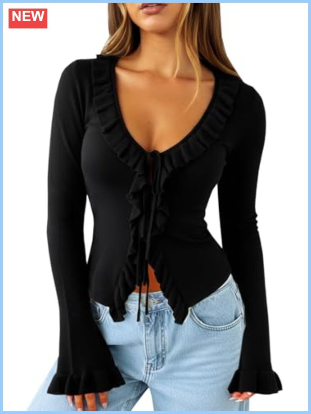 Ruffle Tie Front Cardigan Bell Sleeve Cropped Knit Sweater Top